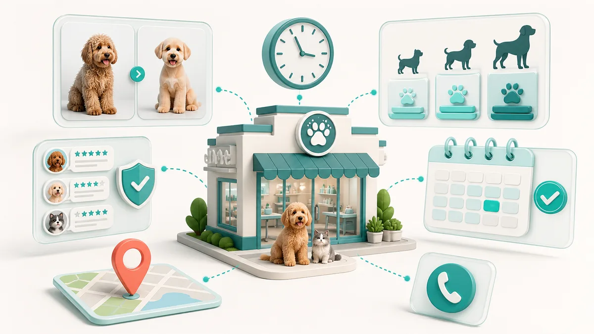 องค์ประกอบ Google Business Profile สำหรับร้านกรูมมิ่ง ทั้งภาพก่อนหลัง ราคา เวลา รีวิว การจอง และแผนที่