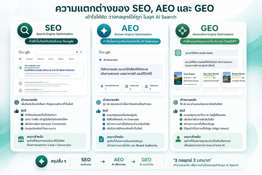 เปรียบเทียบ SEO AEO และ GEO ต่างกันอย่างไร